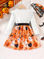 Girls' Cute Pumpkin Halloween Dress Long Sleeve Tee Dress