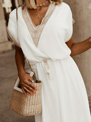 Maxi Dress with Lace Detail V Neck Short Sleeve