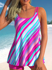 Colorful Stripe Tankini Set Scoop Neck Cami Top & Shorts Swimsuit