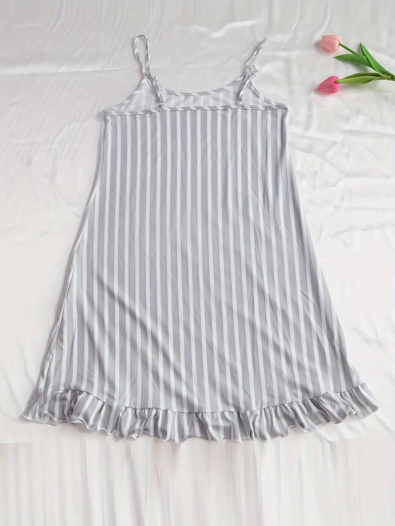 Striped Ruffle Slip Nightdress Crew Neck Spaghetti Strap Sleep Dress