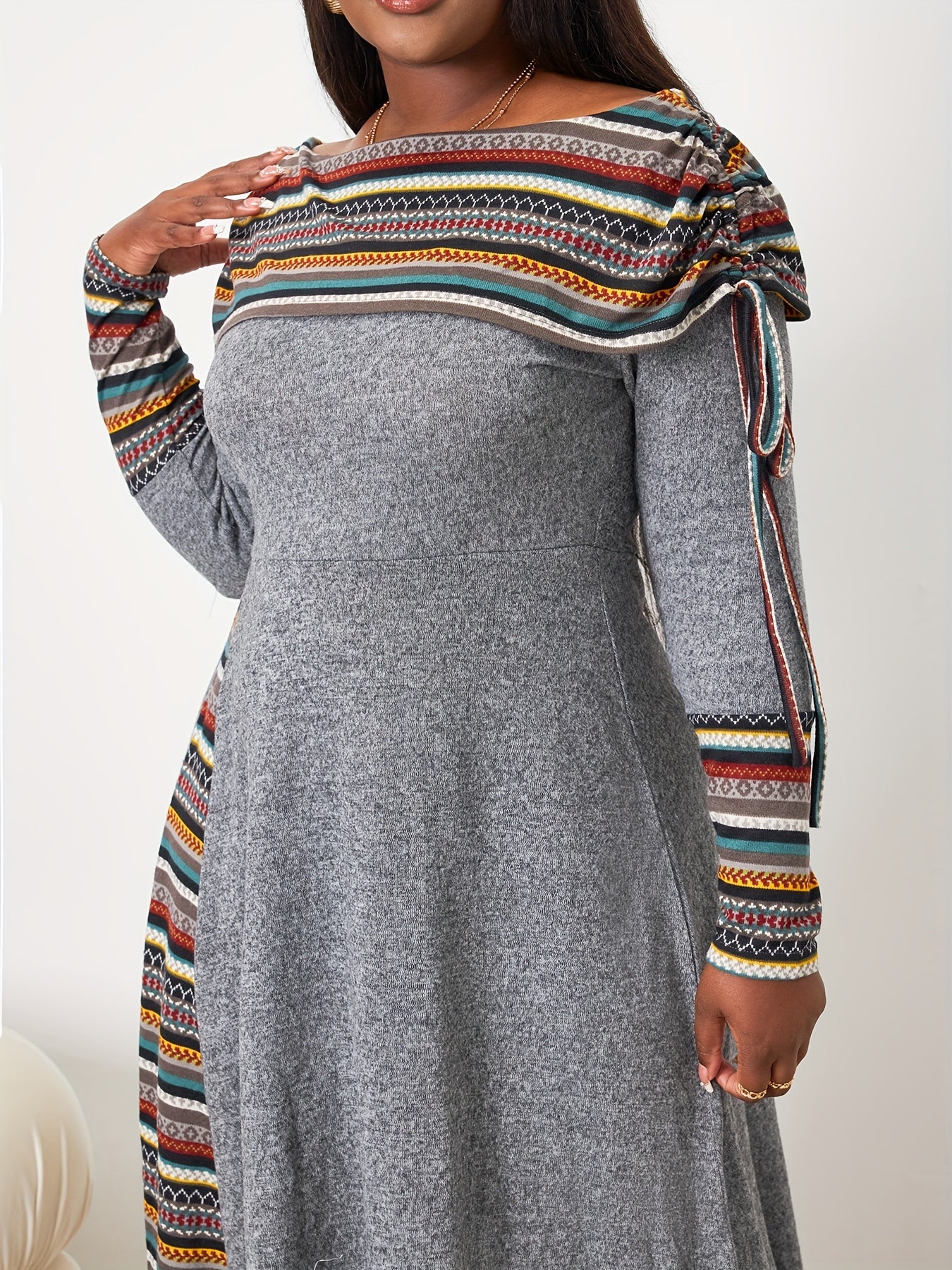 Boho Plus Geometric Print Drawstring Ruched Dress