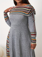 Boho Plus Geometric Print Drawstring Ruched Dress
