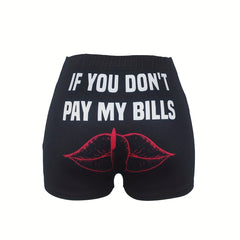Letter & Lip Print Skinny Shorts Casual Elastic Waist Shorts Women's Clothing