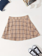 Plaid Side Zip Pleated Skirt Preppy Skirt For Spring & Summer Women's Clothing