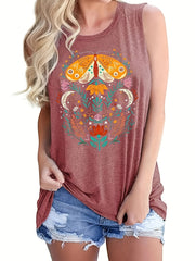 Floral Print Tank Top Summer Sleeveless Casual Crew Neck Women's Clothing