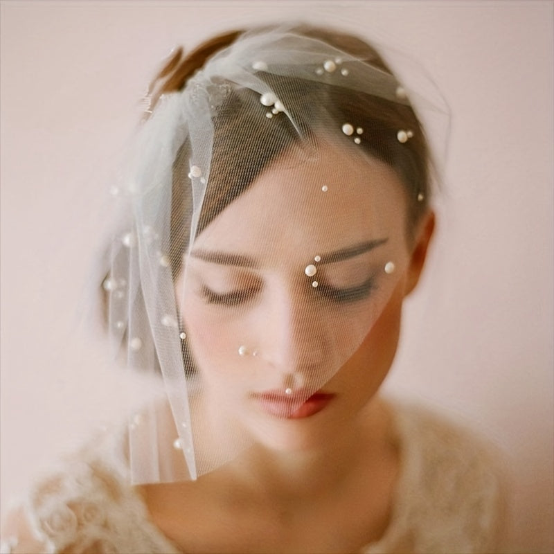 Short Bridal Head Veil Faux Pearl Comb Photography Accessory