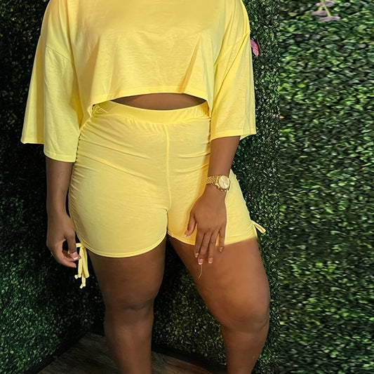 Solid Crew Neck Crop Top & Shorts Set