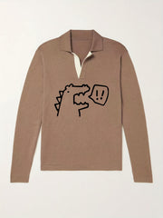 Dino Pattern Knit Polo Shirt Men's Casual Sweater