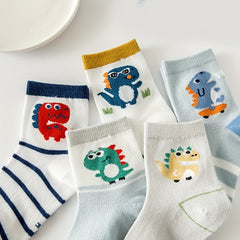5 Pairs Boys Dino Pattern Crew Socks Breathable Mesh Kids Spring Socks