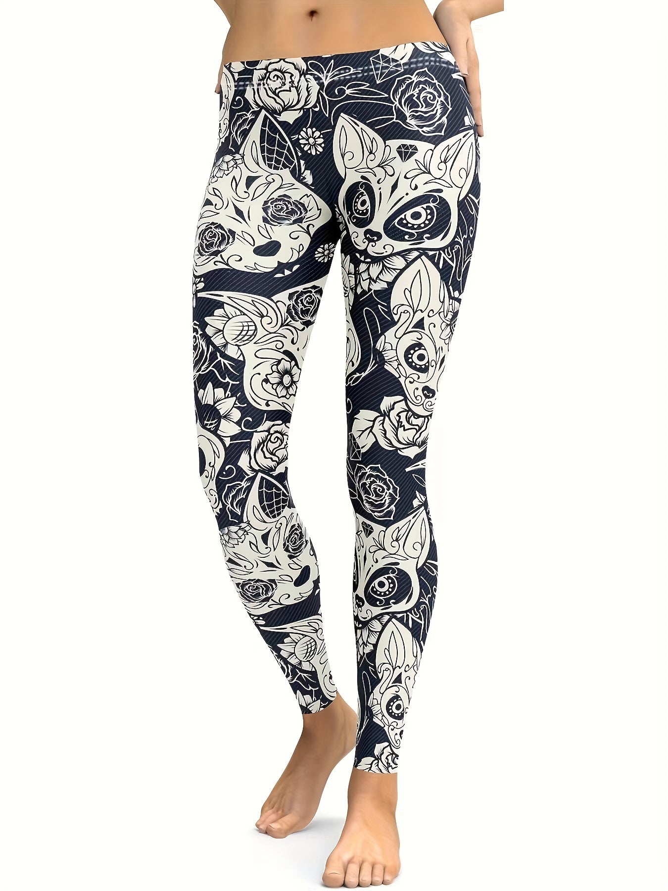 Abstract Cat & Floral Print High Stretch Yoga Leggings