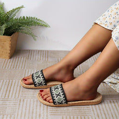 Women's Linen Slides Geometric Pattern Open Toe Shoes