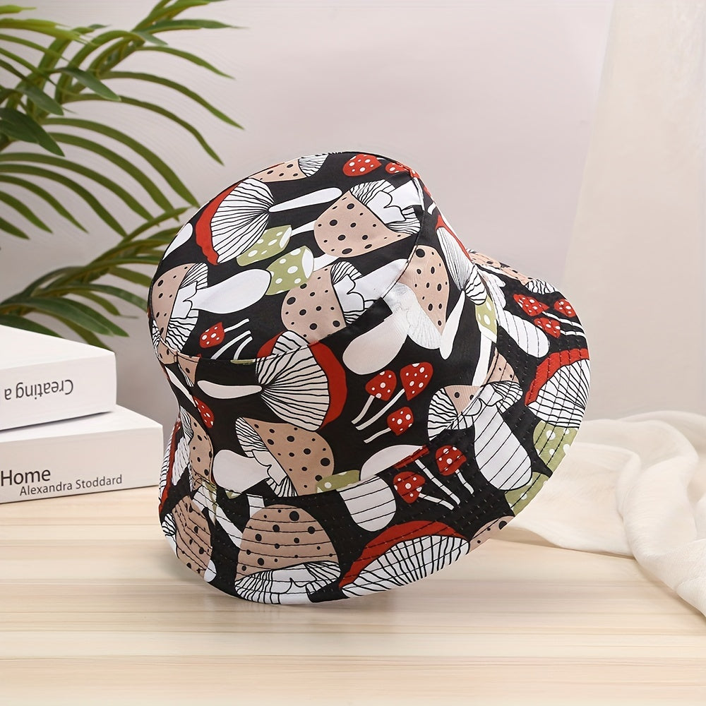 Cartoon Mushroom Print Bucket Hat Lightweight Reversible Fisherman Cap