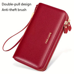 Leather Women'S Wallet with Double Zipper Wrist Strap in Brown and Dark Gray