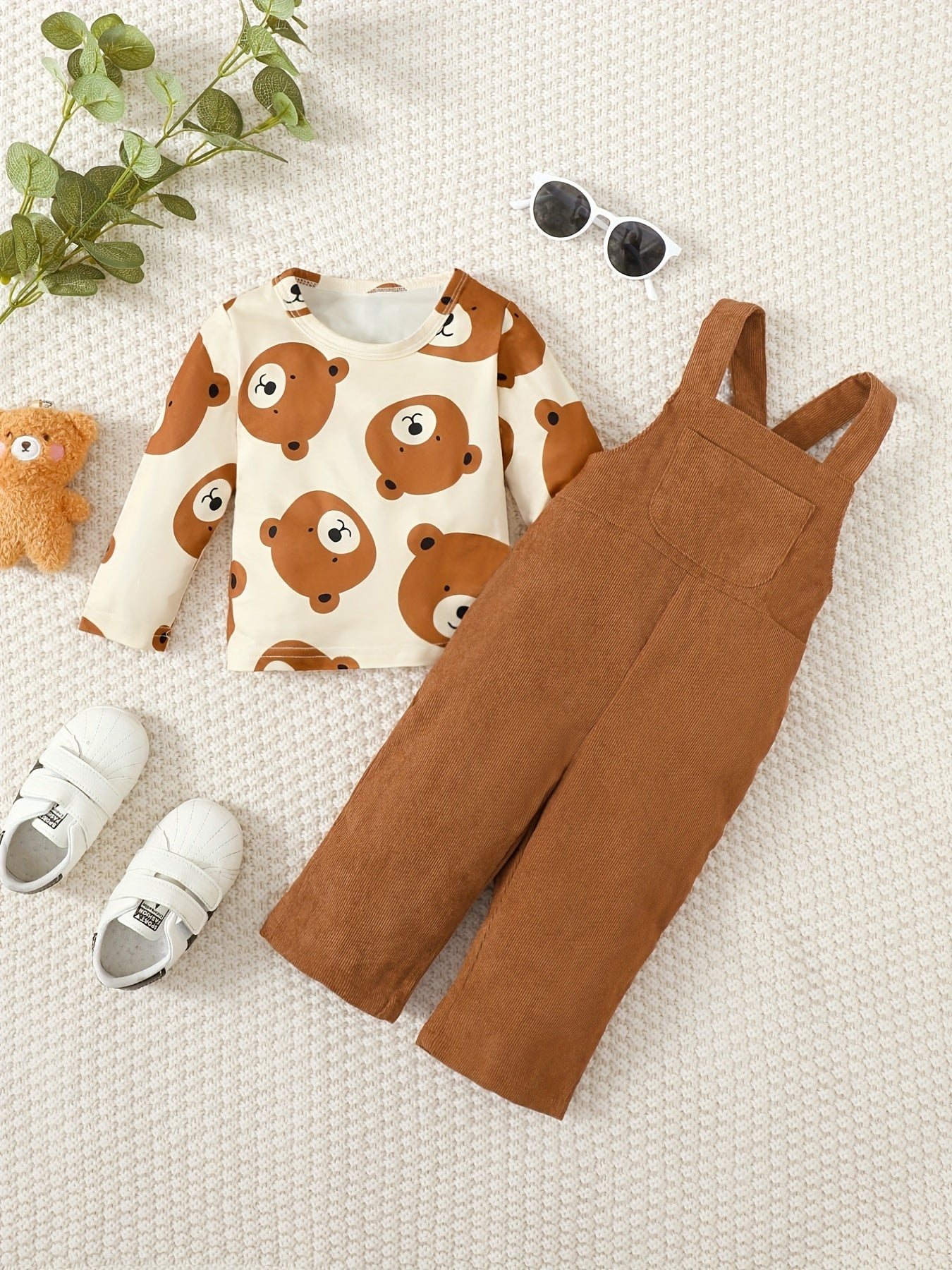 Baby Boys Bear Print Top & Overalls Set Toddler Clothes