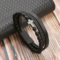 Men's Stone Stainless Steel Leather Cross Bracelet