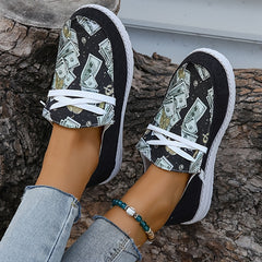 Women's Money Print Canvas Shoes Casual Lace Up Outdoor Shoes