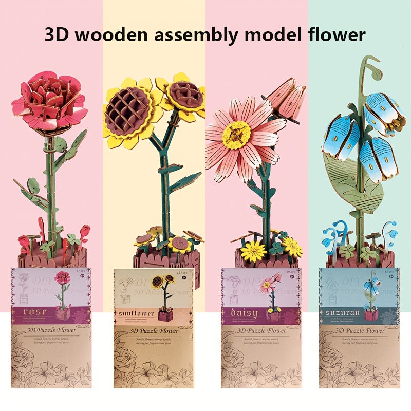 60pcs Wooden Flower Puzzle 3D Model DIY Building Blocks for Girls Birthday