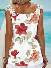 Floral Print Lace Contrast Top V Neck Sleeveless Top