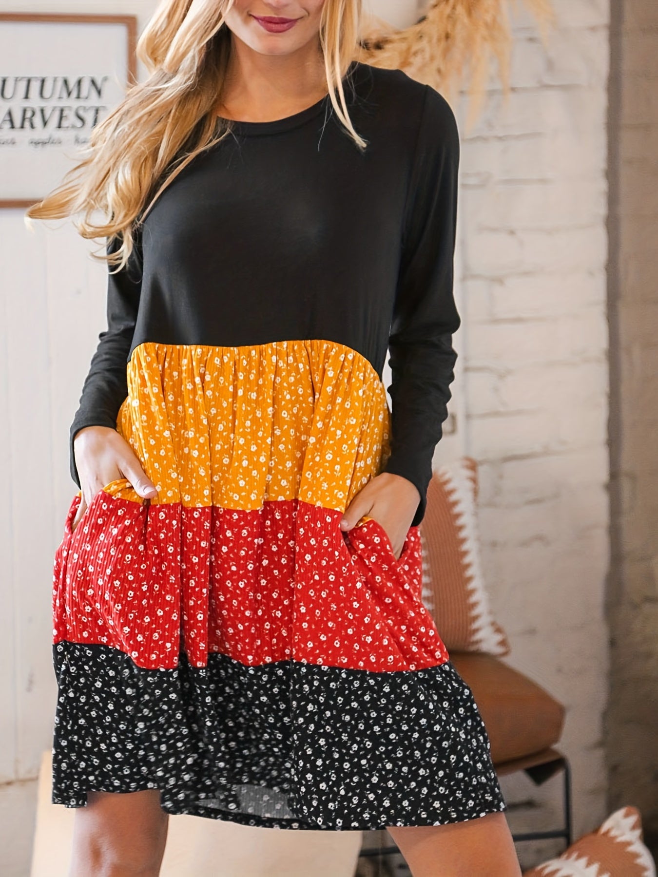 Floral Print Splicing Dress Long Sleeve