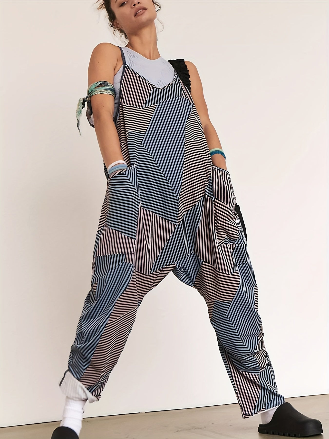 Striped Dual Pockets Overall Baggy Jumpsuit for Women