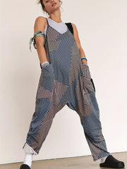 Striped Dual Pockets Overall Baggy Jumpsuit for Women