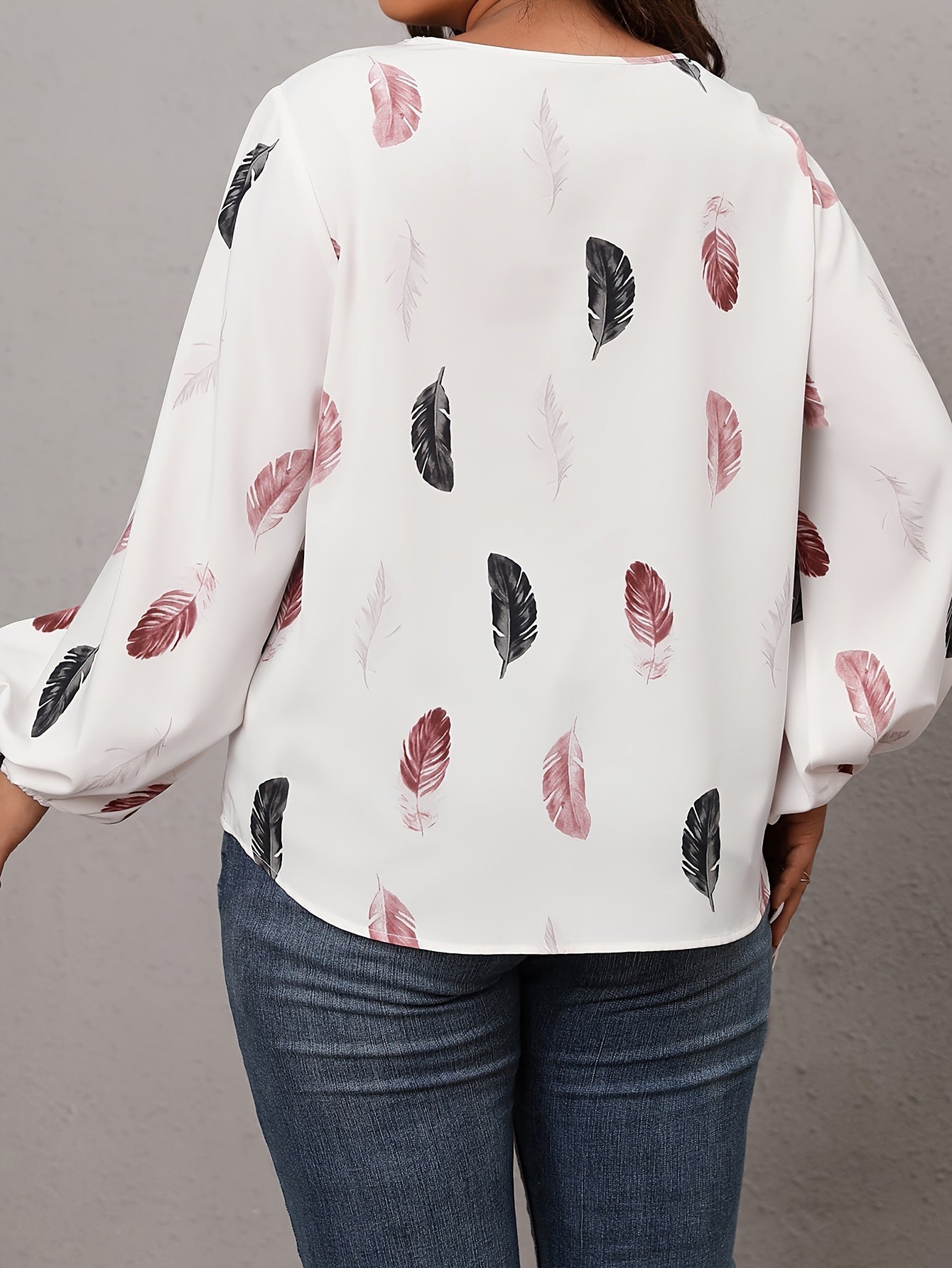 Women's Plus Feather Print Lace Trim Long Sleeve V Neck Tunic Top
