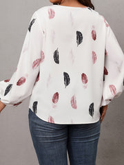 Women's Plus Feather Print Lace Trim Long Sleeve V Neck Tunic Top