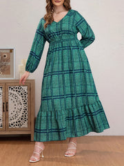 Plus Size Grid Print Long Sleeve V Neck Maxi Dress