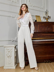 Lace Long Sleeve Tie Waist Jumpsuit Wide Leg