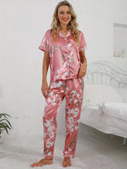 Floral Satin Pajama Set Short Sleeve Top & Long Pants