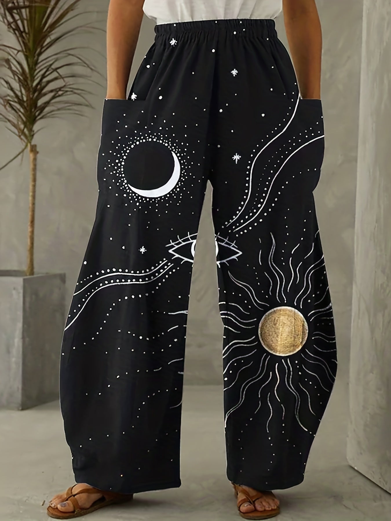 Sun & Moon Print Wide Leg Pants With Pockets