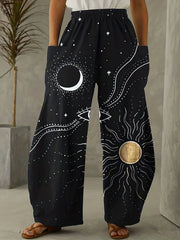Sun & Moon Print Wide Leg Pants With Pockets