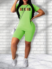 Casual Letter Print T shirt & Skinny Shorts Set