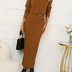 Plus Solid Cable Long Sleeve Sweater & Bodycon Midi Skirt Set