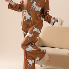Horse Print Pajama Set Long Sleeve Top & Pants Women's Sleepwear