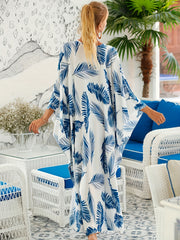Leaf Print Cover Up Dress V Neck Bat Sleeve Vacation Wear