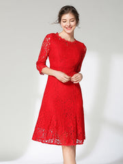 Lace Solid Dress 3/4 Sleeve Crew Neck Dress Women's Clothing
