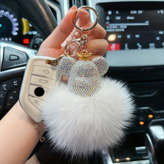 Sparkling Diamond Bear Mink Fur Key Chain - Stylish Anti Lost Car Accessory