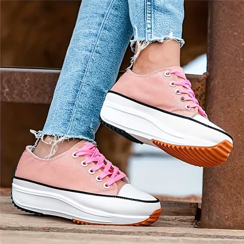Women's Chunky Sole Canvas Sneakers Lace Up Low Top Shoes