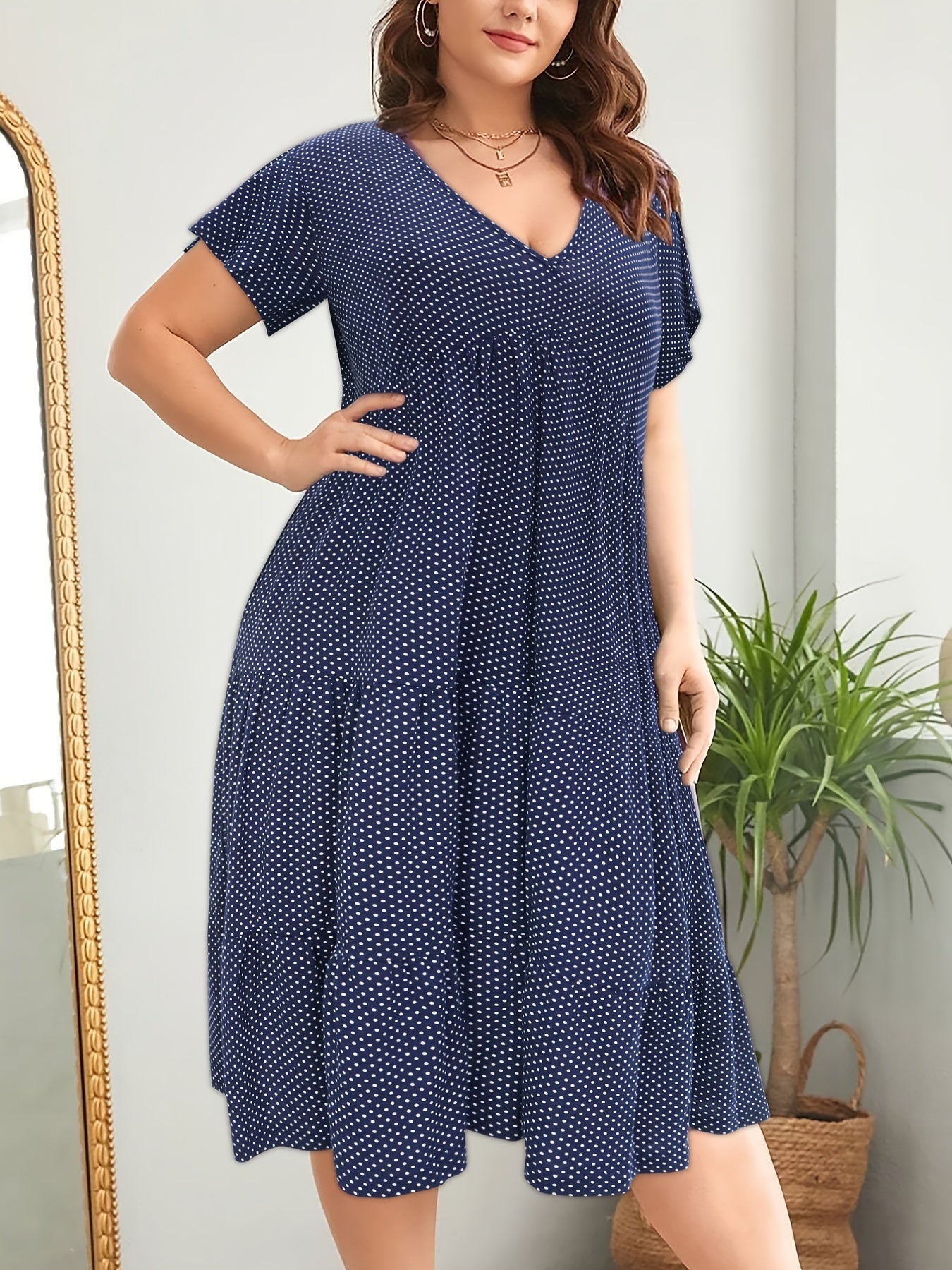 Dot Print Short Sleeve Maxi Dress Plus Size V Neck