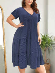 Dot Print Short Sleeve Maxi Dress Plus Size V Neck