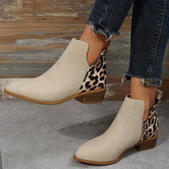 Leopard Pattern Chunky Boots Pointed Toe Side Zipper Short Boots