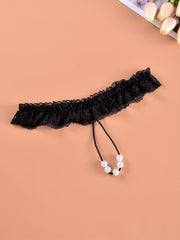 Floral Lace Ruffle Thongs with Faux Pearl Intimates Panties