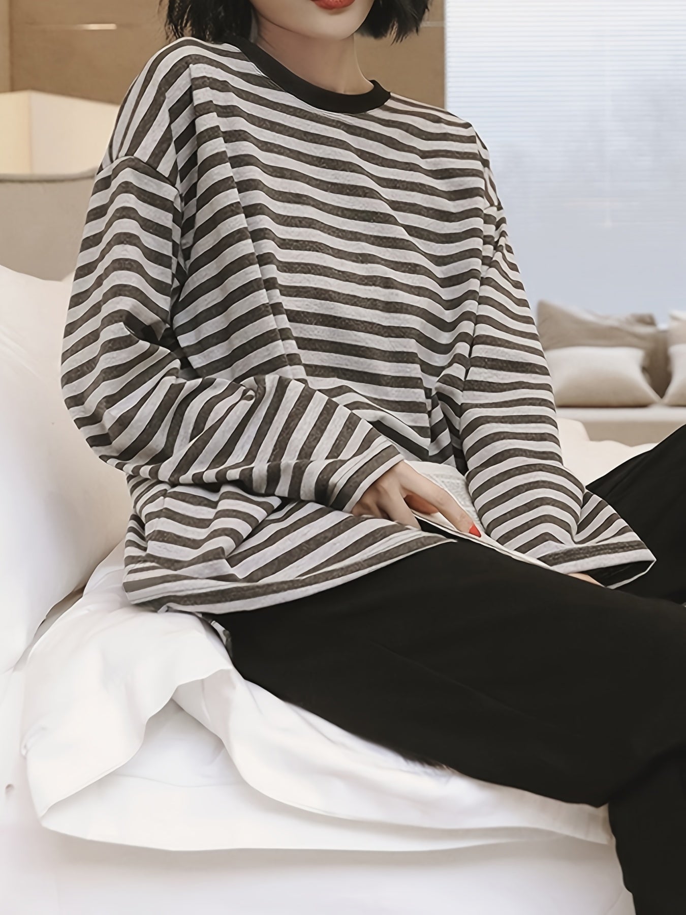 Striped Print Pajama Set Long Sleeve Top & Pants