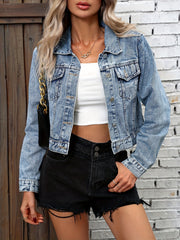 Long Sleeve Button Up Crop Denim Jacket