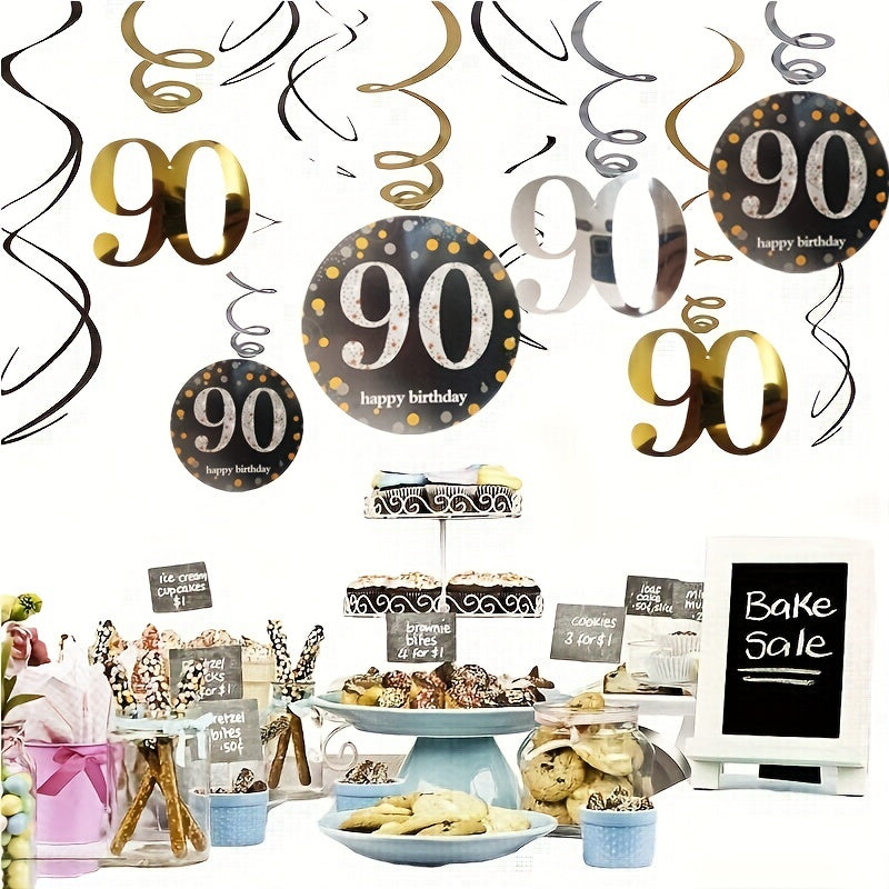 12pcs 90th Birthday Hanging Swirl Decorations - Foil Streamers Ceiling Whirls