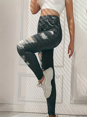 Denim Print Ripped Pants High Waist Slim Pants