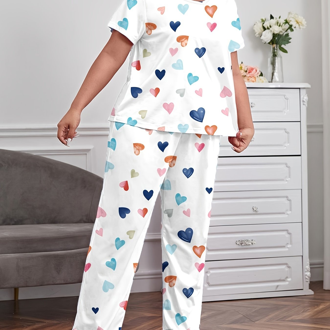 Heart Print Pajamas Set Short Sleeve Tee & Pants Loungewear