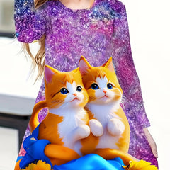 Girls 3D Kitty Long Sleeve Dress for Spring Fall