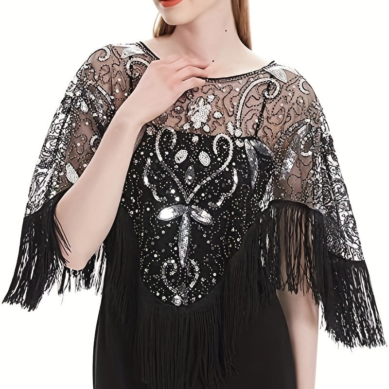 Vintage Tassel Sequins Embroidery Shawl Flapper Wrap Cardigan Cloak
